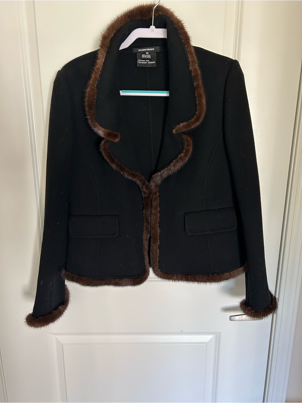 Ellen Tracy Black Jacket with Brown Faux Fur Trim